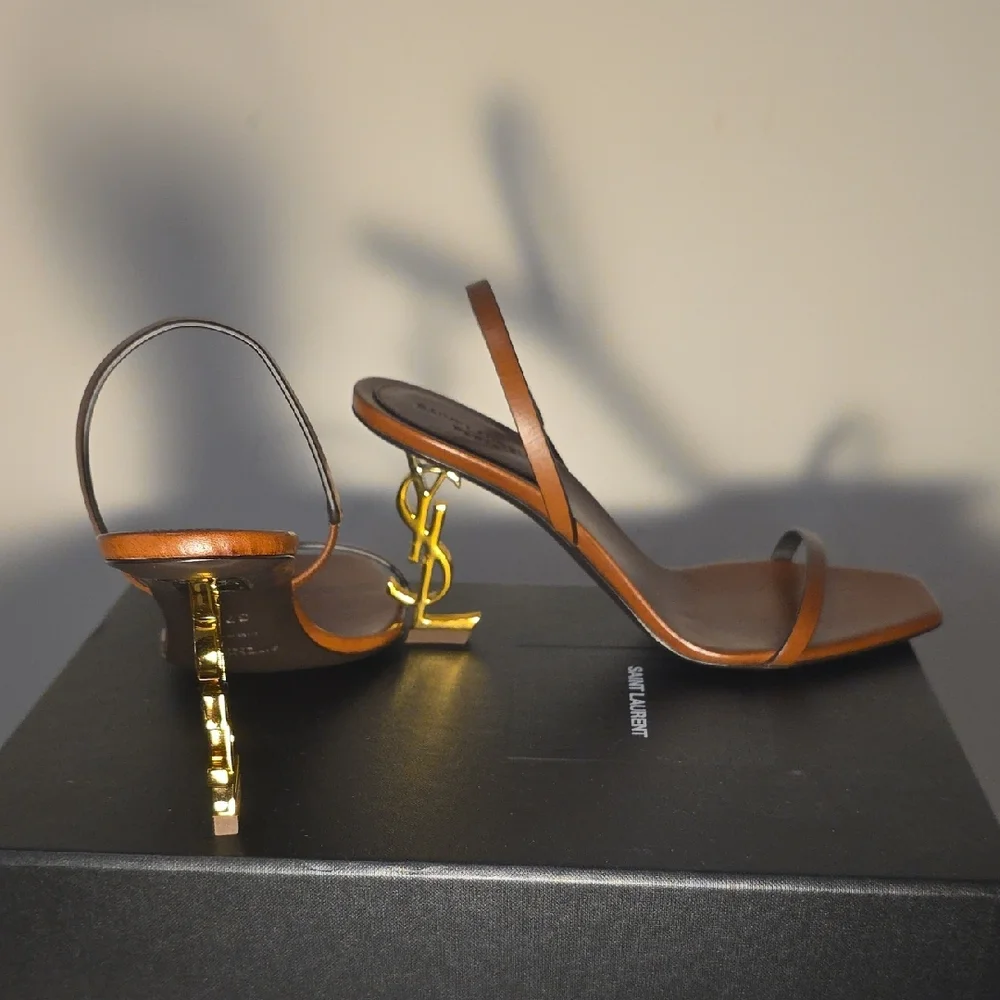 Saint Laurent Brown Leather YSL Logo Heel Sandal - Picture 4 of 8
